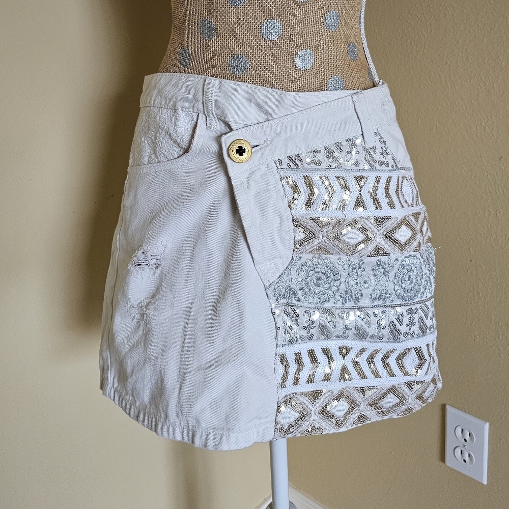Desigual Exotic Jeans White Denim Asymmetrical Mini Skirt Embellished 28